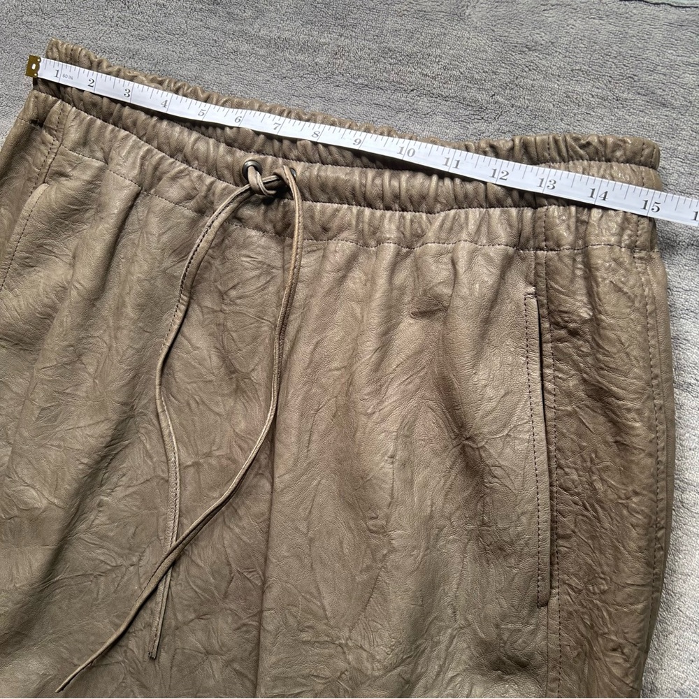 ROCOCO Crinkle Leather Pants Sz S Barrel Drop Crutch Crop Harem Olive Green Soft - Picture 12 of 17